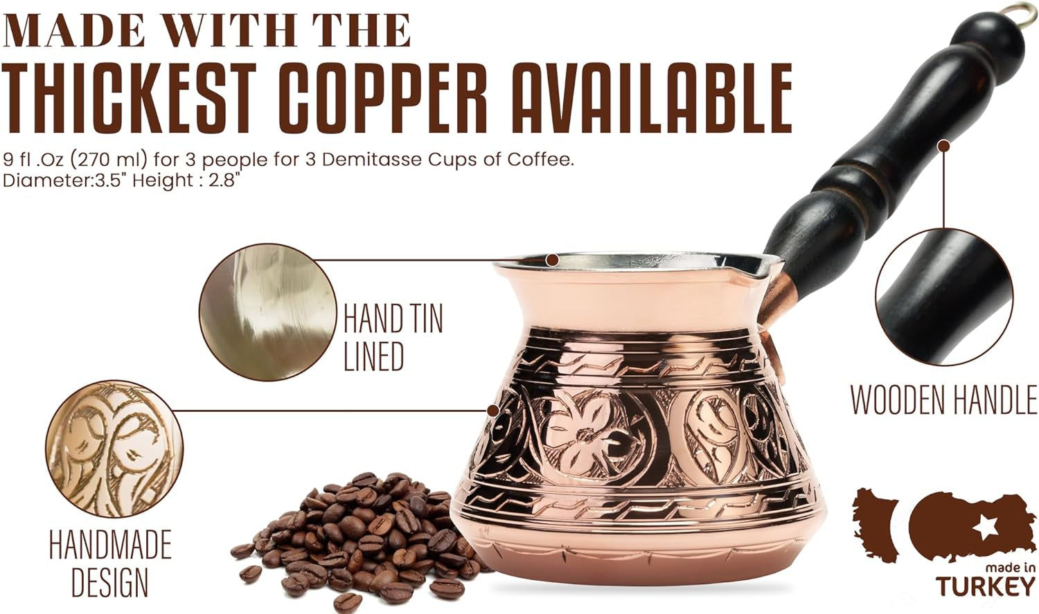 2Mm Thickest Copper Turkish Greek Arabic Coffee Pot Engraved Stovetop Coffee Maker Cezve Ibrik Briki with Wooden Handle & Spoon, for 3 People (Matte Copper)