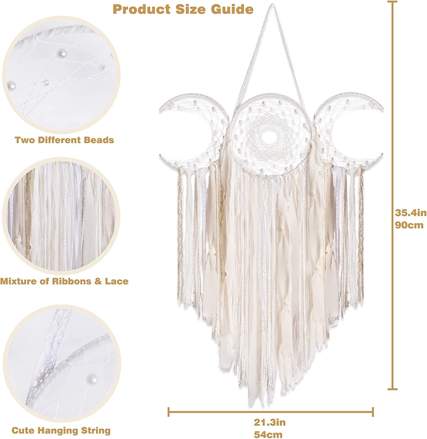 White Triple Moon Goddess Macrame Wall Hanging, Boho Crescent Dream Catcher, Bohemian Dreamcatcher for Women Bedroom, Woven Tapestry-Witchcraft Gift, Pagan Decor for Adults Decoration