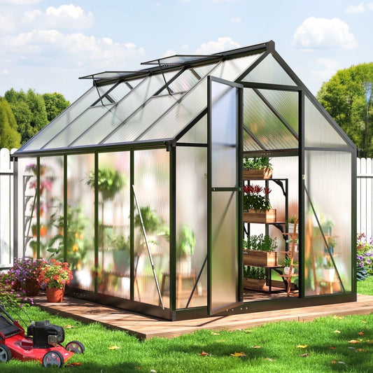 6'X9' Polycarbonate Greenhouse, Large Aluminum Walk-In Green House for Backyard
