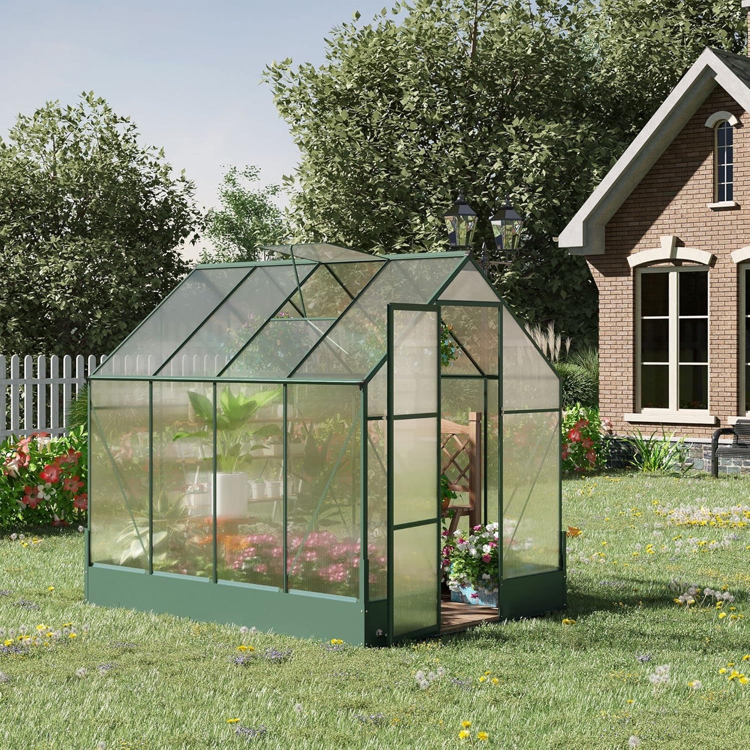8' X 6' Greenhouse for Outdoors, Polycarbonate Greenhouse with Roof Vent and Rain Gutter, Aluminum Walk-In Green House for outside for Patio Backyard Garden, Green