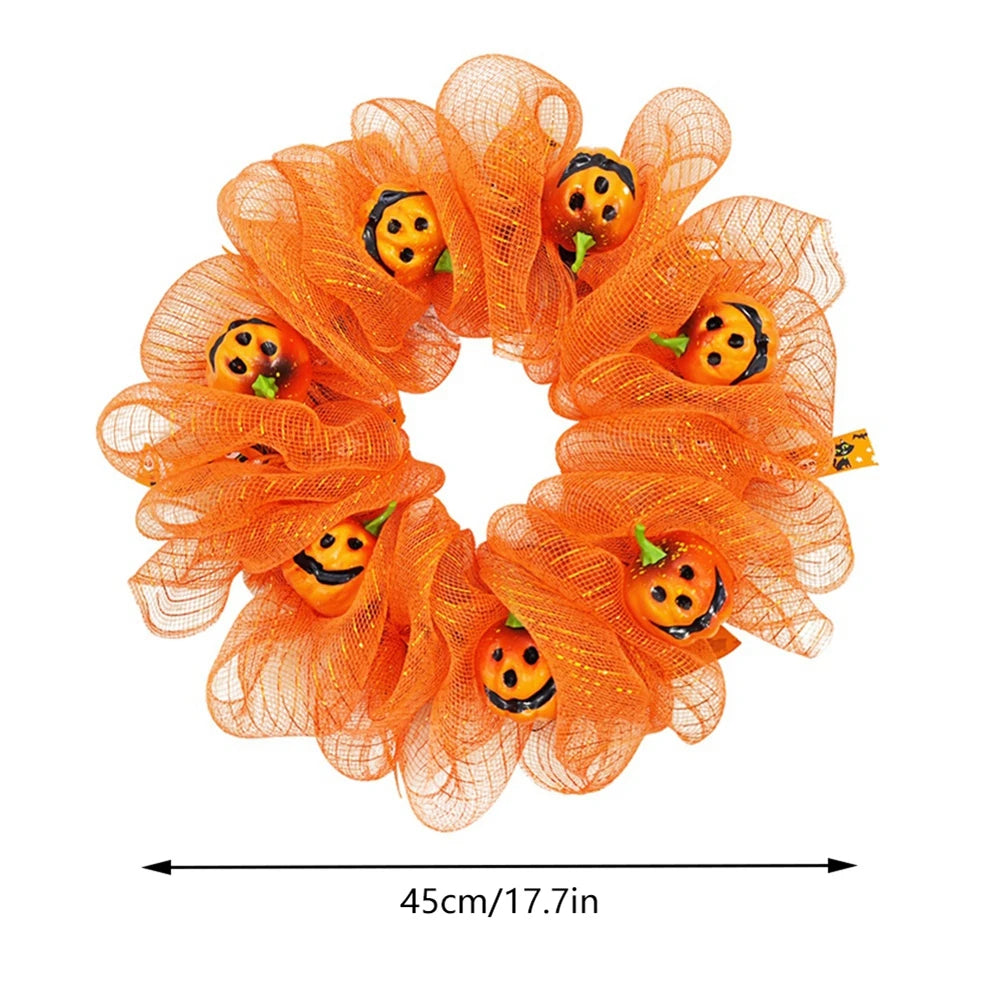 45Cm Halloween Door Wreath Artificial Autumn Wreath Orange Pumpkin Wreath Mesh Fabric Garland for Home Decor Indoor Outdoor