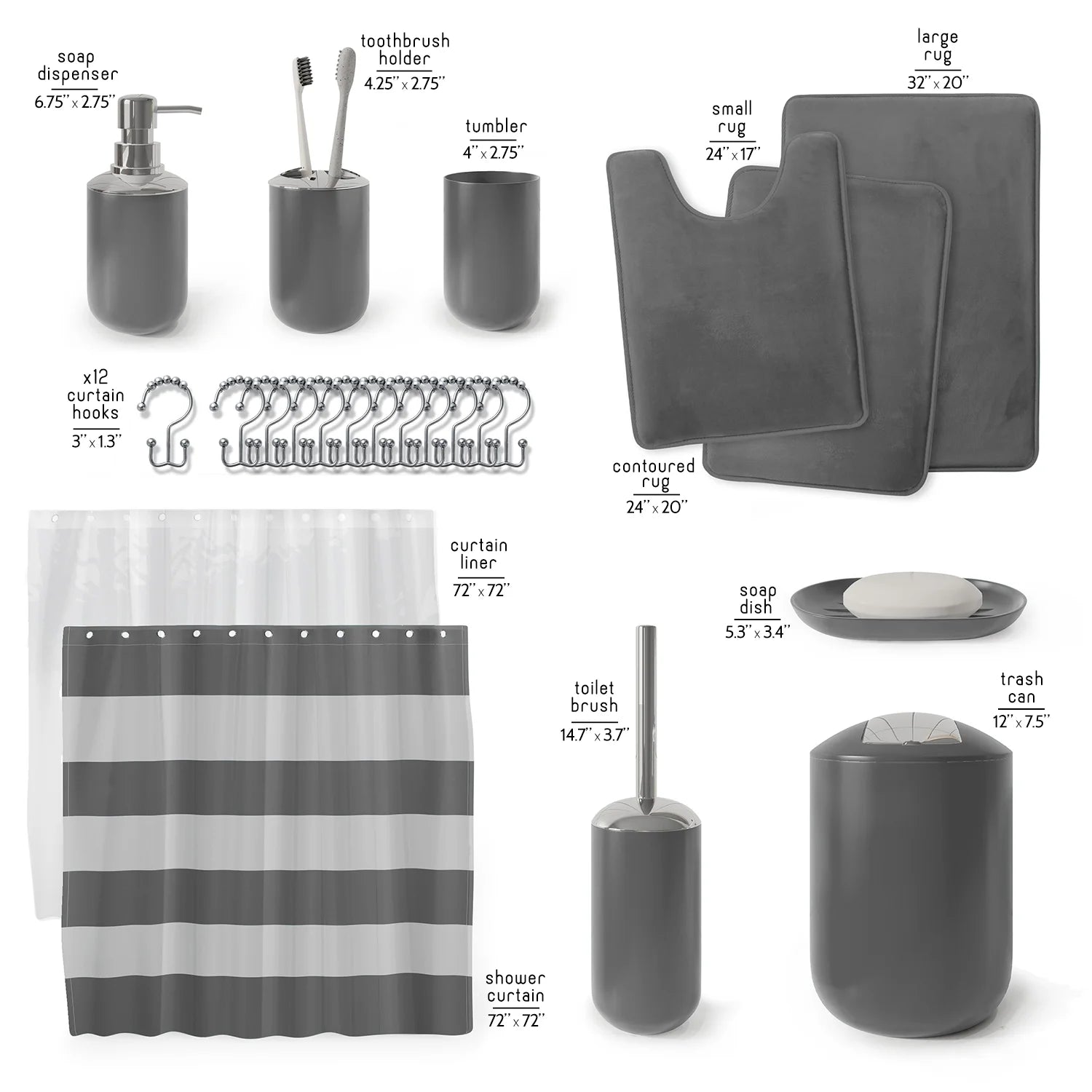23 Piece Bathroom Accessory Gift Set, Bathroom Shower Curtain Set, and Bath Rug Set, Gray