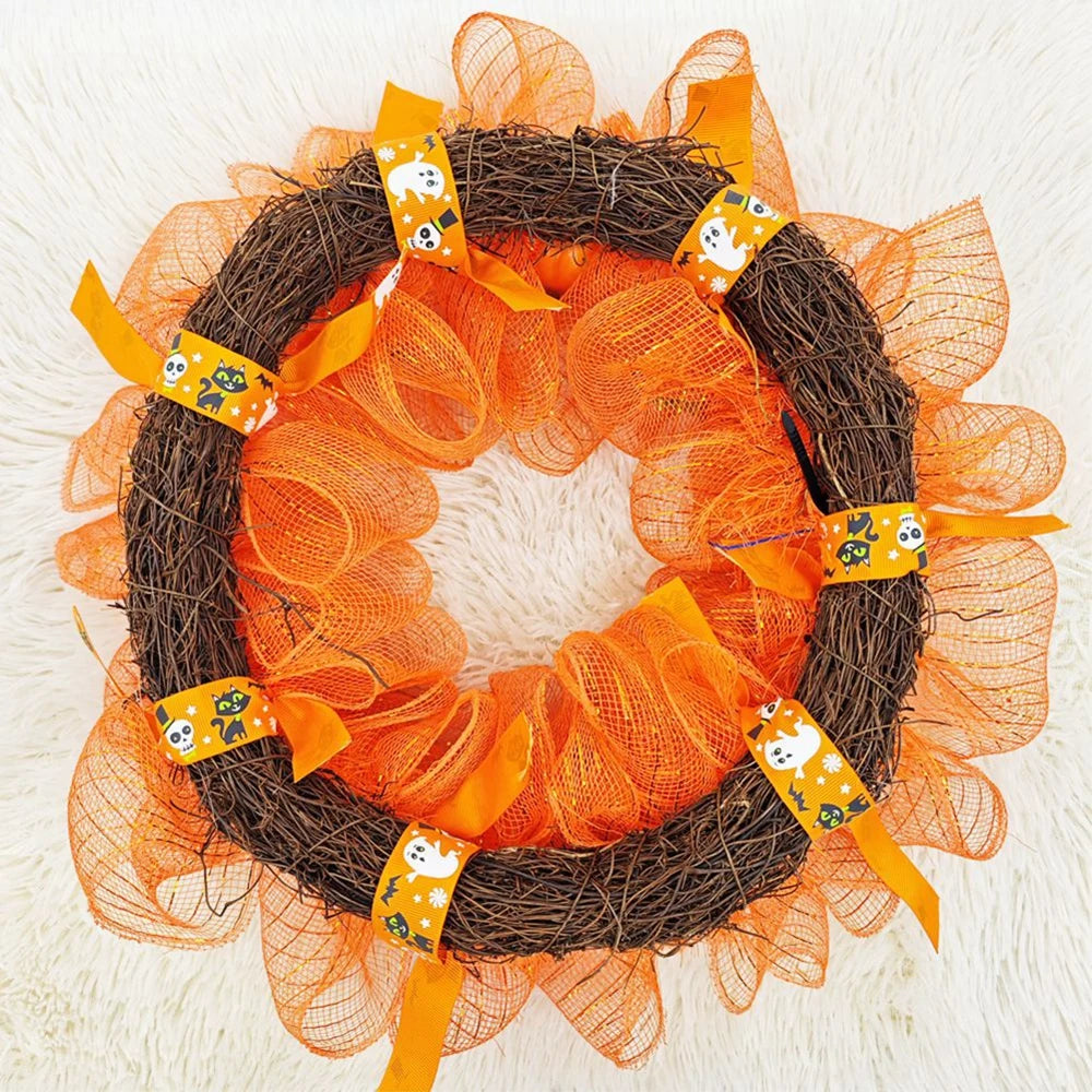 45Cm Halloween Door Wreath Artificial Autumn Wreath Orange Pumpkin Wreath Mesh Fabric Garland for Home Decor Indoor Outdoor