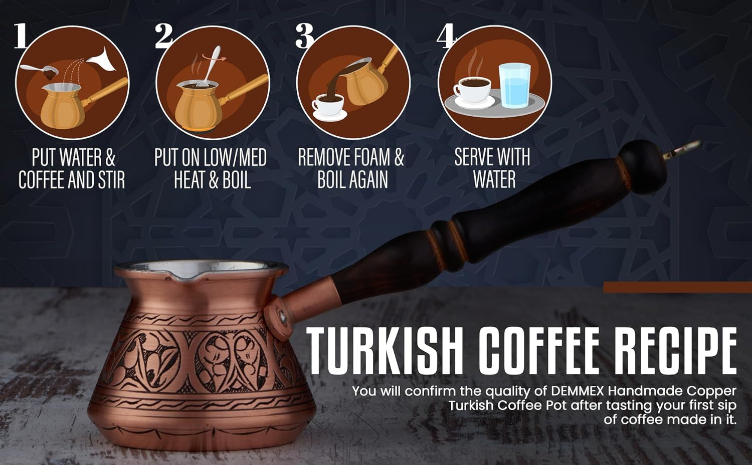 2Mm Thickest Copper Turkish Greek Arabic Coffee Pot Engraved Stovetop Coffee Maker Cezve Ibrik Briki with Wooden Handle & Spoon, for 3 People (Matte Copper)