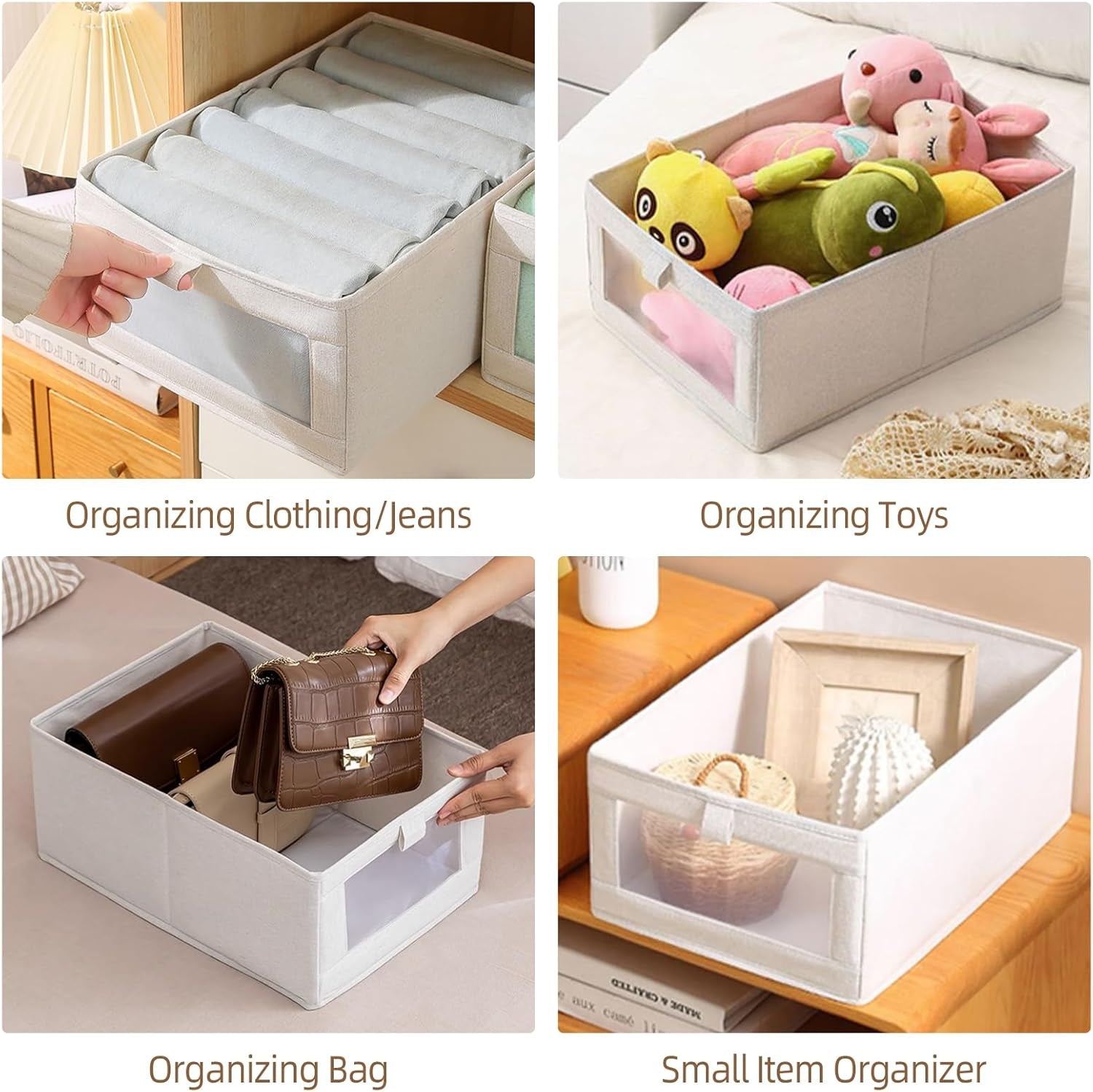 Linen Closet Organizers and Storage, 4 Pack Closet Storage Bins Linen Closet Baskets for Closet Organization Foldable Closet Organizer Bins with Clear Window for Organizing Clothing, Jeans, Shelves