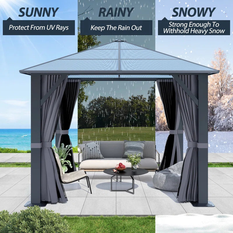 Steel Patio Gazebo - Polycarbonate Hardtop Gazebo with Curtains & Netting