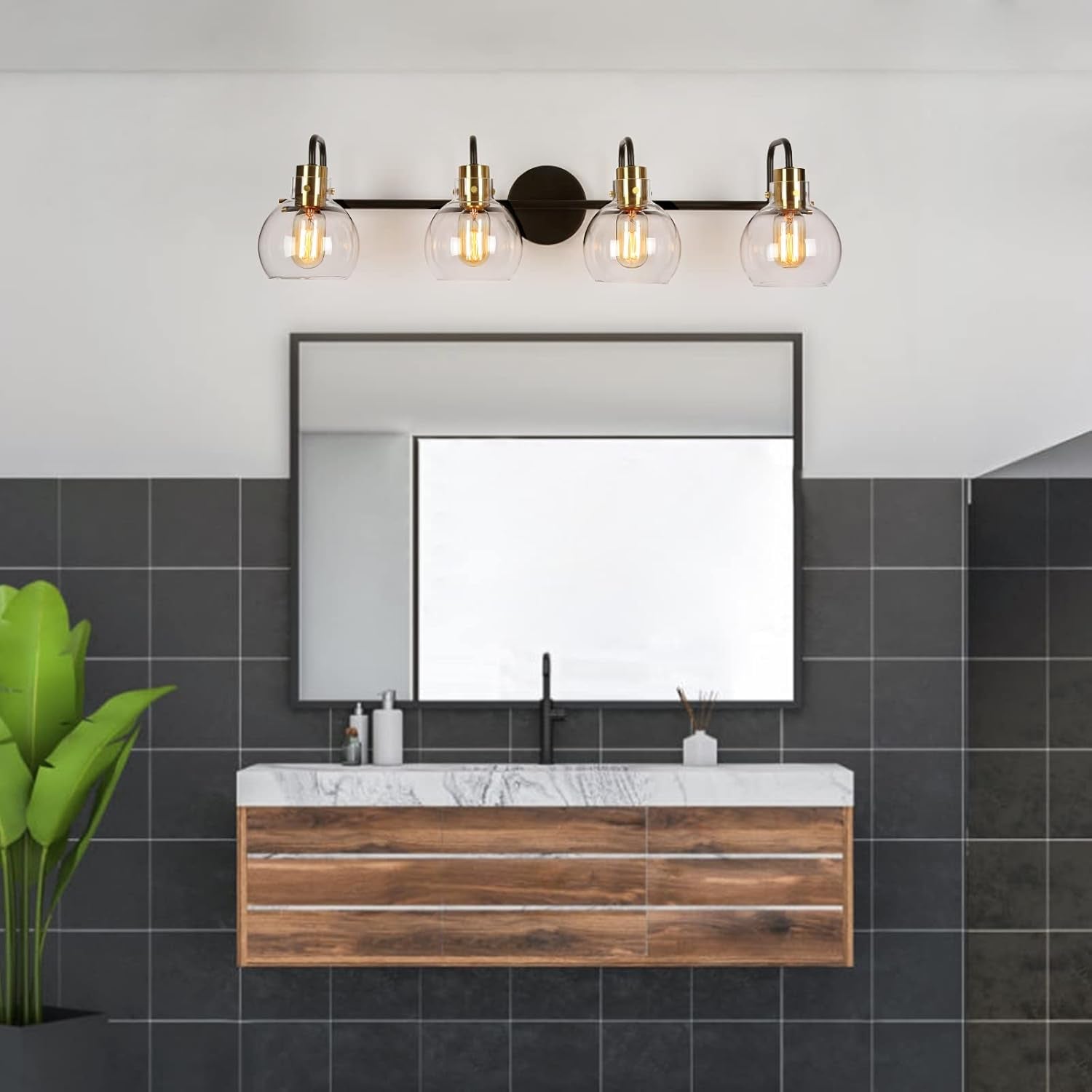 Bathroom Light Fixtures, 4-Light Black Gold Vanity Light, Vintage Farmhouse Bathroom Lights over Mirror (L 32" X W 8" X H 8") Black Vanity Light