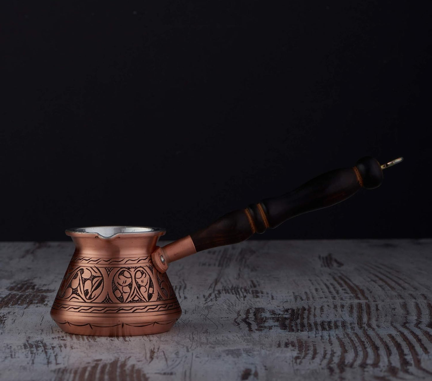 2Mm Thickest Copper Turkish Greek Arabic Coffee Pot Engraved Stovetop Coffee Maker Cezve Ibrik Briki with Wooden Handle & Spoon, for 3 People (Matte Copper)
