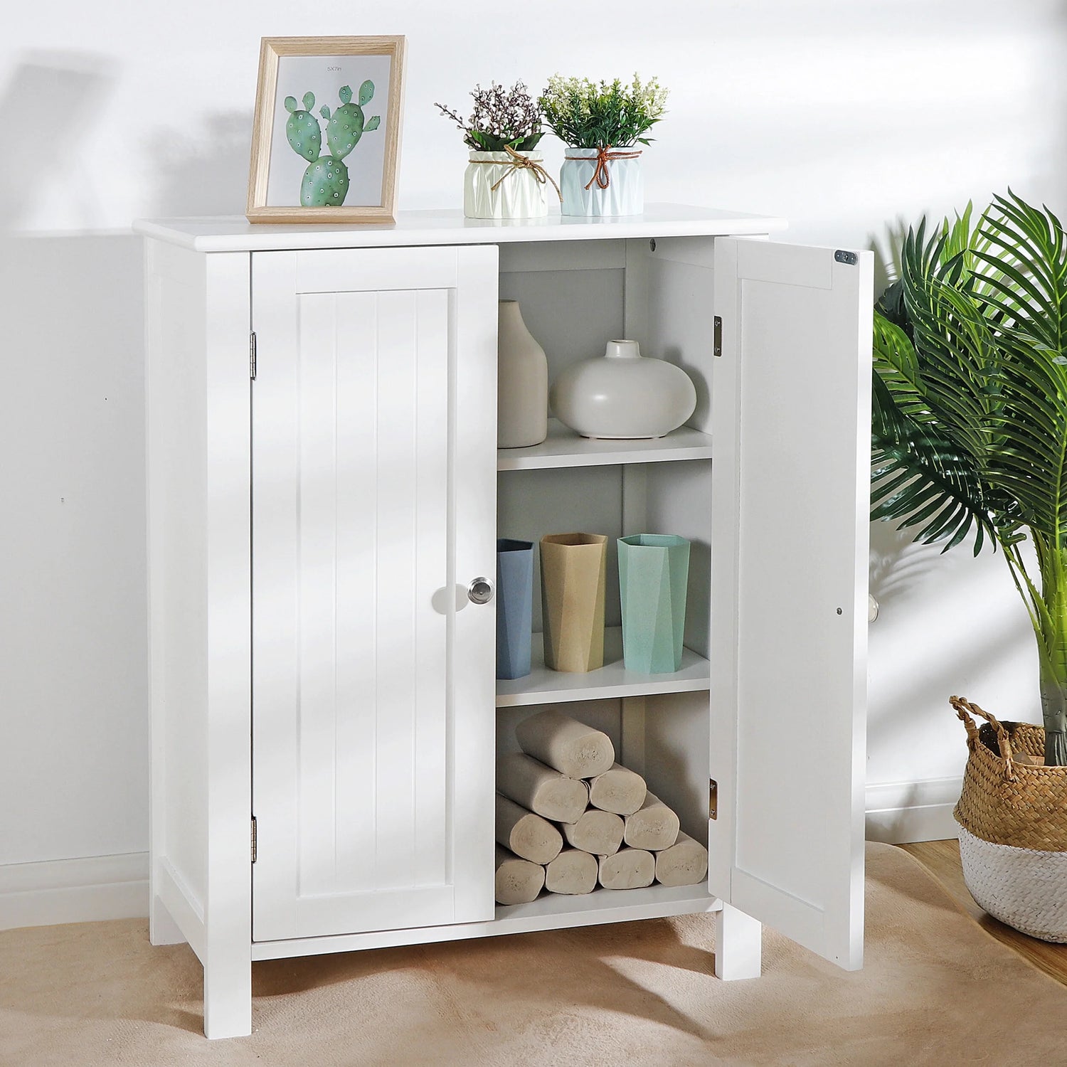 White Wooden Bathroom Floor Cabinet Storage Cupboard 3 Shelves save Space