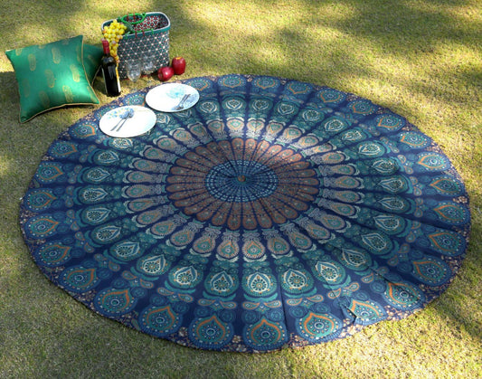 Peacock Hippie Tapestry Roundie 72 Inch Decorative Trippy Tapestries Bohemian Boho Bedding Indian Handmade Pure Cotton Sheet - Blue round Mandala Beach Towel
