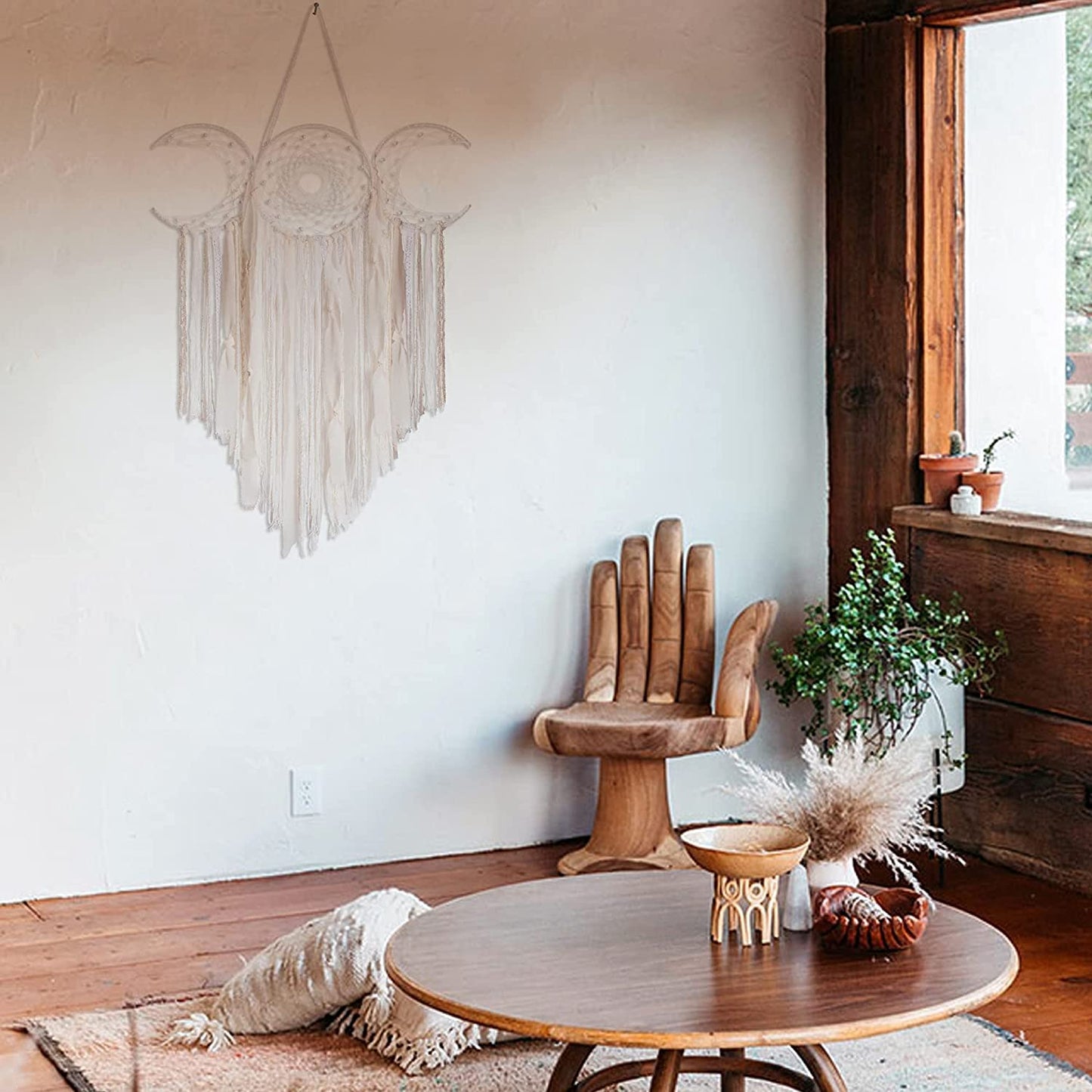 White Triple Moon Goddess Macrame Wall Hanging, Boho Crescent Dream Catcher, Bohemian Dreamcatcher for Women Bedroom, Woven Tapestry-Witchcraft Gift, Pagan Decor for Adults Decoration