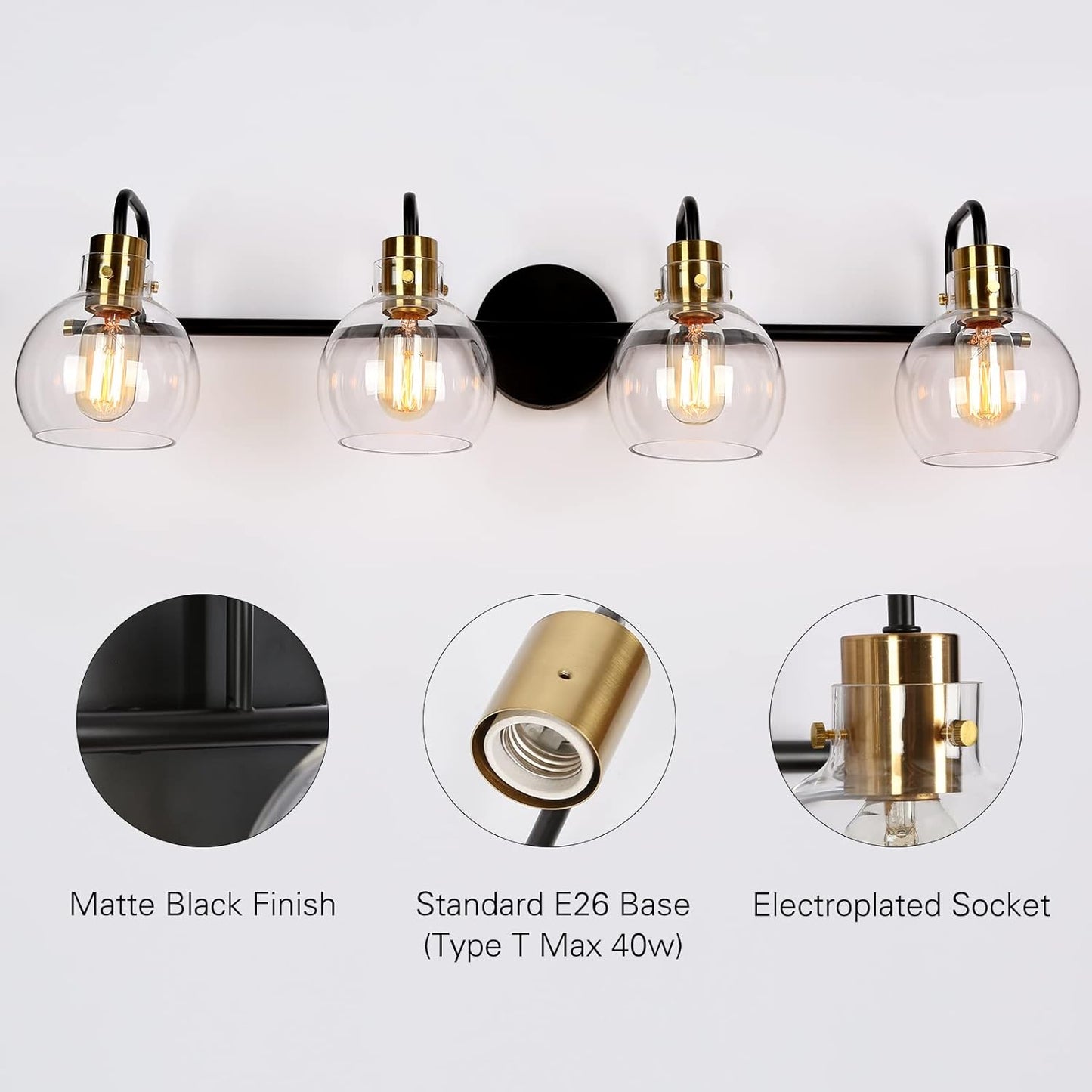 Bathroom Light Fixtures, 4-Light Black Gold Vanity Light, Vintage Farmhouse Bathroom Lights over Mirror (L 32" X W 8" X H 8") Black Vanity Light
