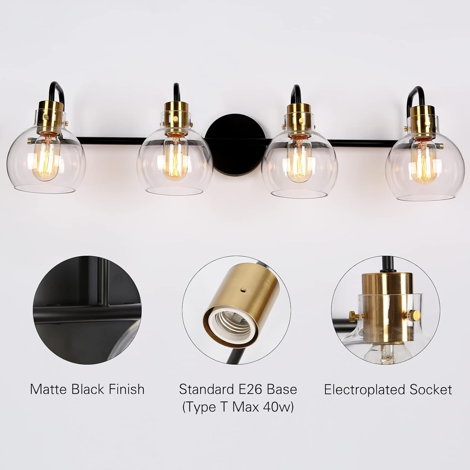 Bathroom Light Fixtures, 4-Light Black Gold Vanity Light, Vintage Farmhouse Bathroom Lights over Mirror (L 32" X W 8" X H 8") Black Vanity Light