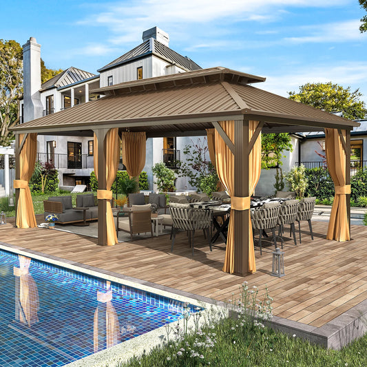 12'X20' Gazebo Hardtop, Galvanized Steel Double Roof Metal Gazebo with Aluminum Frame, Permanent Outdoor Pavilion with Curtain and Netting for Patio, Lawn and Garden