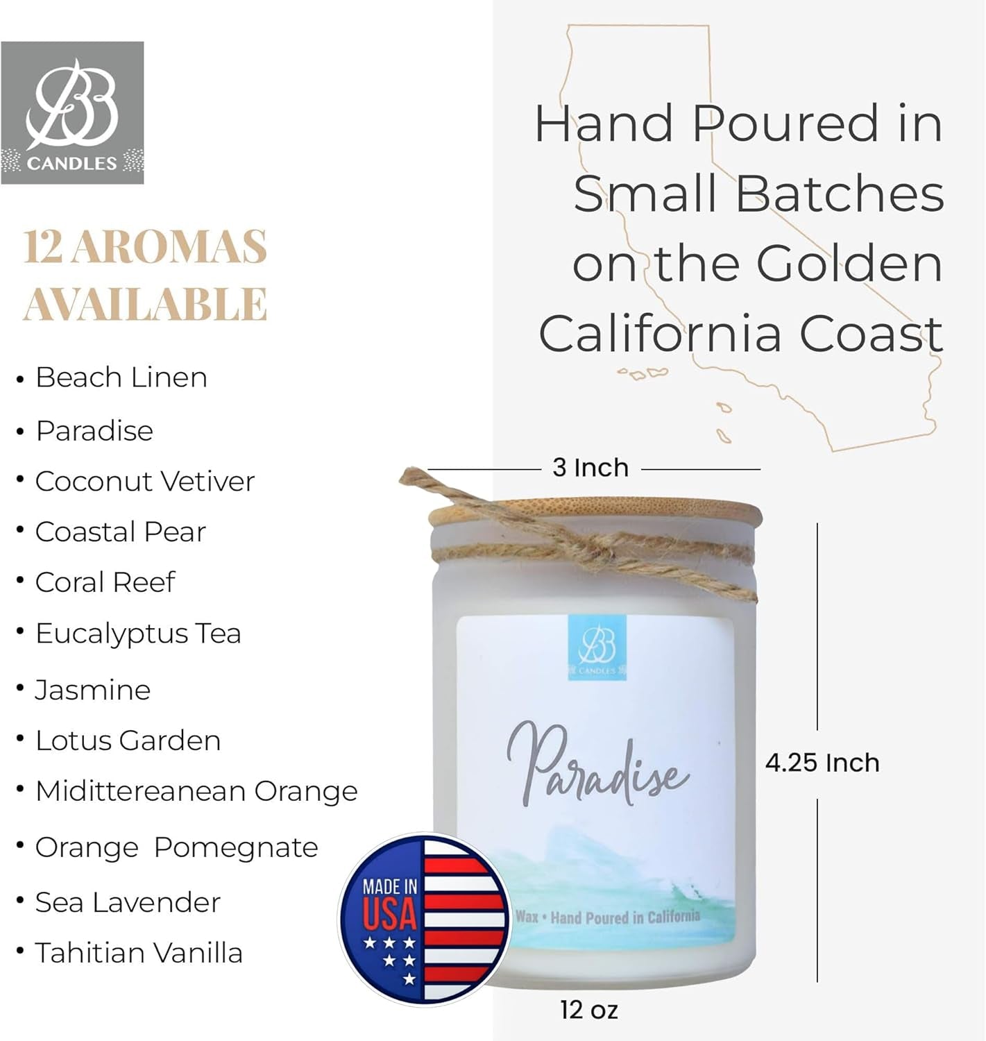 Coastal Essentials Natural Soy Hand Poured Artisan Candle, Paradise Scent, 12Oz, 90+ Hours Burn Time