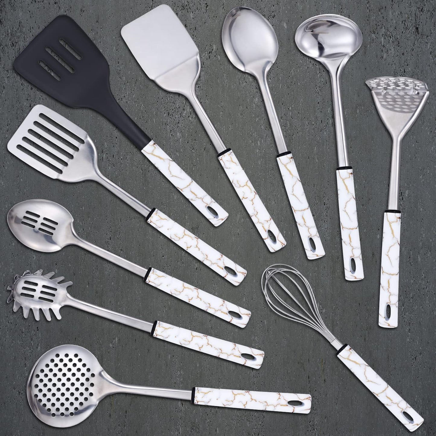 Stainless Steel Kitchen Utensil Set - 11 Cooking Utensils - Nonstick Kitchen Utensils Cookware Set White…