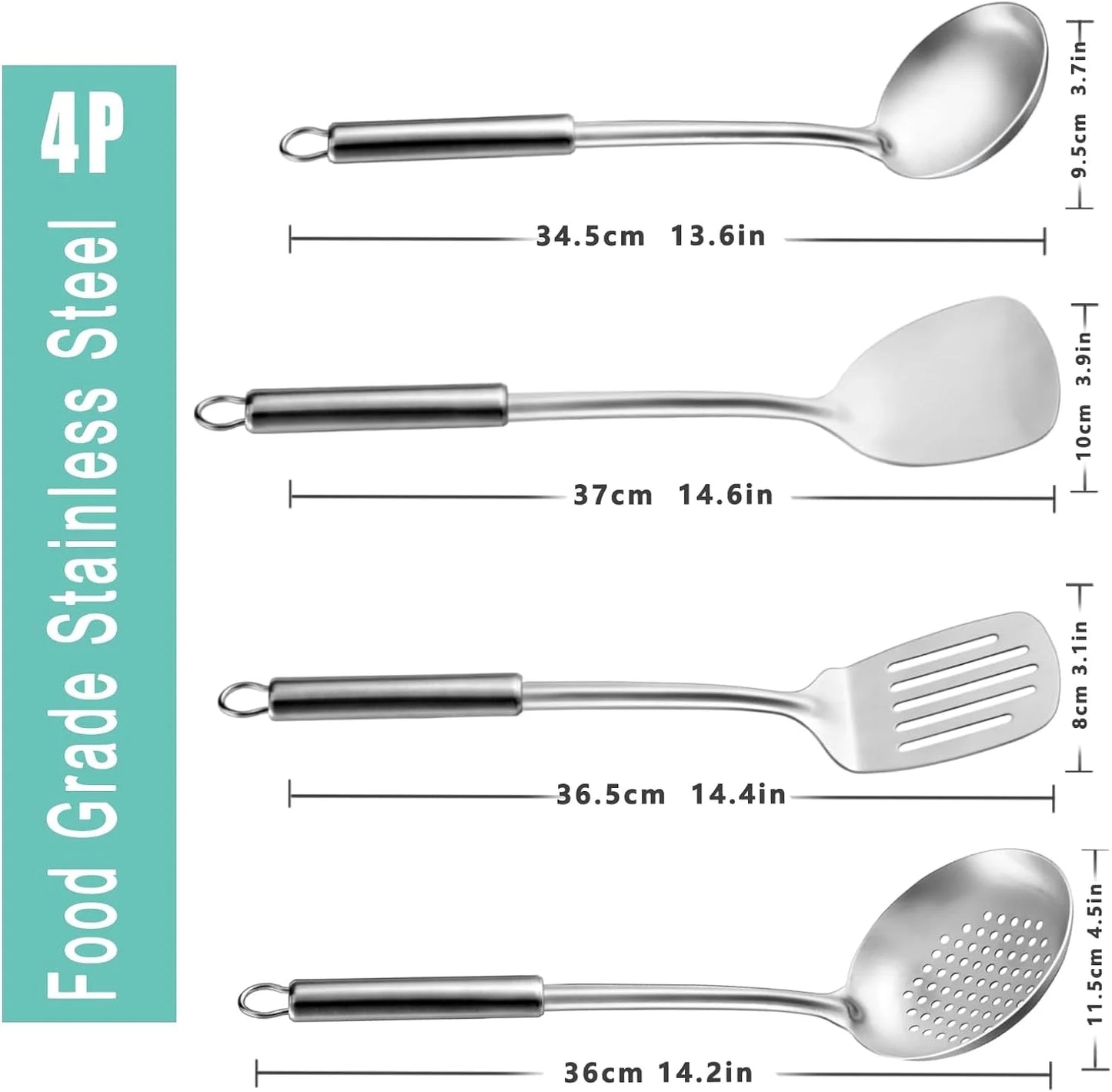 4 Pcs Cooking Utensils Set, 304 Stainless Steel Kitchen Utensils, Include Wok Ladle, Slotted Spoon, Wok Spatula and Slotted Spatula, Dishwasher Safe
