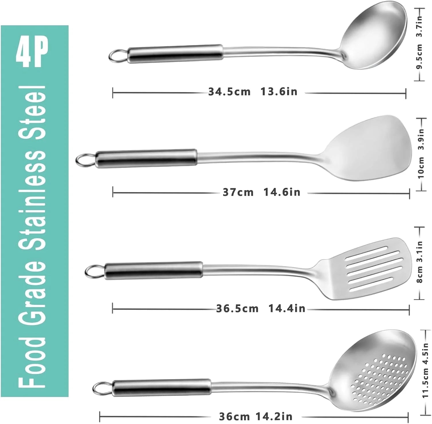 4 Pcs Cooking Utensils Set, 304 Stainless Steel Kitchen Utensils, Include Wok Ladle, Slotted Spoon, Wok Spatula and Slotted Spatula, Dishwasher Safe