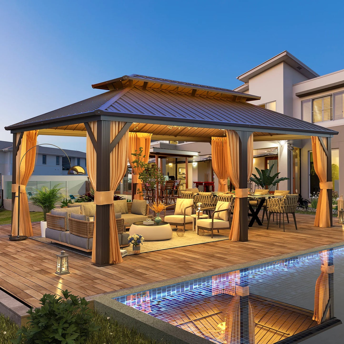 12'X20' Gazebo Hardtop, Galvanized Steel Double Roof Metal Gazebo with Aluminum Frame, Permanent Outdoor Pavilion with Curtain and Netting for Patio, Lawn and Garden
