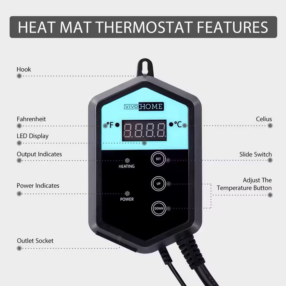 10 In. X 20.75 In. Waterproof Seedling Heat Mat with 40°F to 108°F Thermostat Controller