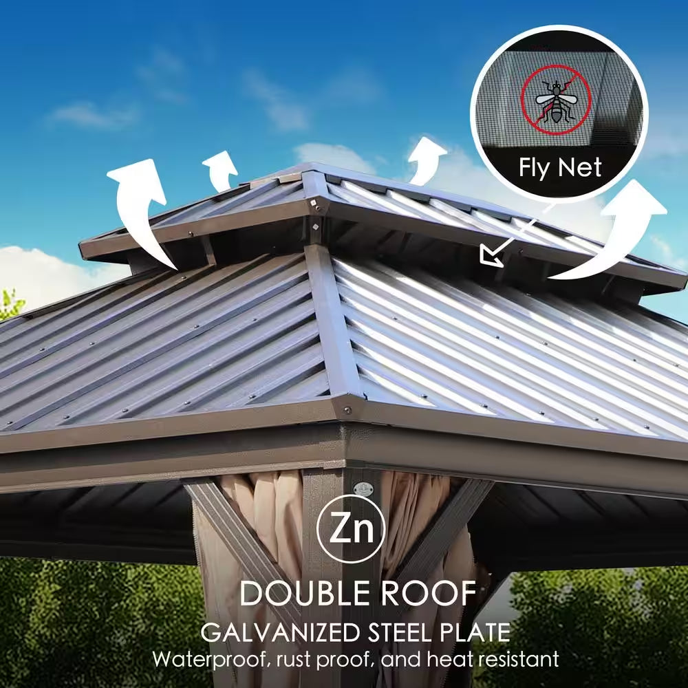 Caesar 10 Ft. D X 9 Ft. H X 12 Ft. W Aluminum Hardtop Gazebo with Galvanized Steel Roof, Mosquito Net & Privacy Curtain
