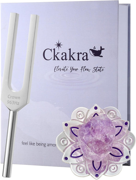 Solfeggio Frequencies Tuning Fork with Crystal Kit,Solfeggio Energy Tuners,963Hz Crown Chakra,Natural Amethyst,Meditation Gifts for Women,Shiny Silver