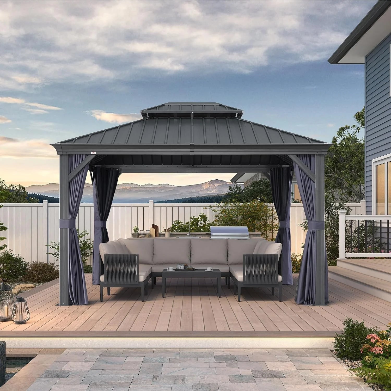 10' X 12' Hardtop Gazebo Aluminum Gazebo with Galvanized Steel Double Roof for Backyard Patio Lawn and Garden, Curtains and Netting Included, Navy Blue