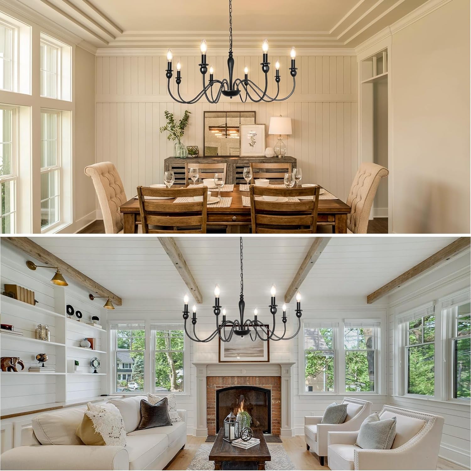 Black Farmhouse Chandeliers for Dining Room Light Fixture, Rustic Metal Traditional Candle Chandelier for Bedroom Kitchen Living Room Entryway Foyer Farmhouse Light Fixtures Ceiling Hanging