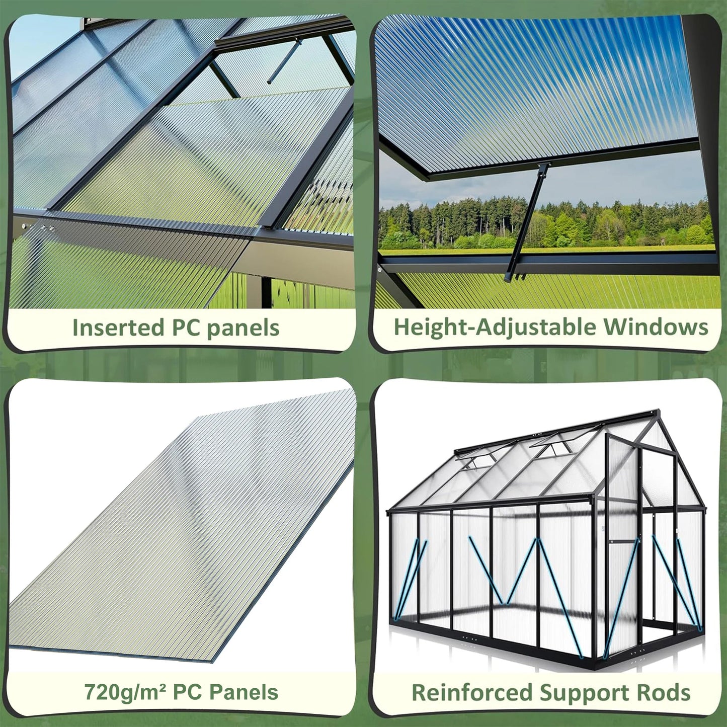 6'X9' Polycarbonate Greenhouse, Large Aluminum Walk-In Green House for Backyard