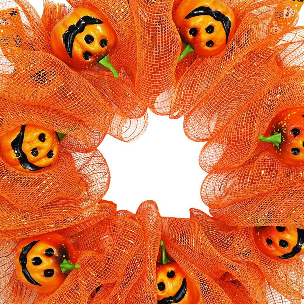 45Cm Halloween Door Wreath Artificial Autumn Wreath Orange Pumpkin Wreath Mesh Fabric Garland for Home Decor Indoor Outdoor