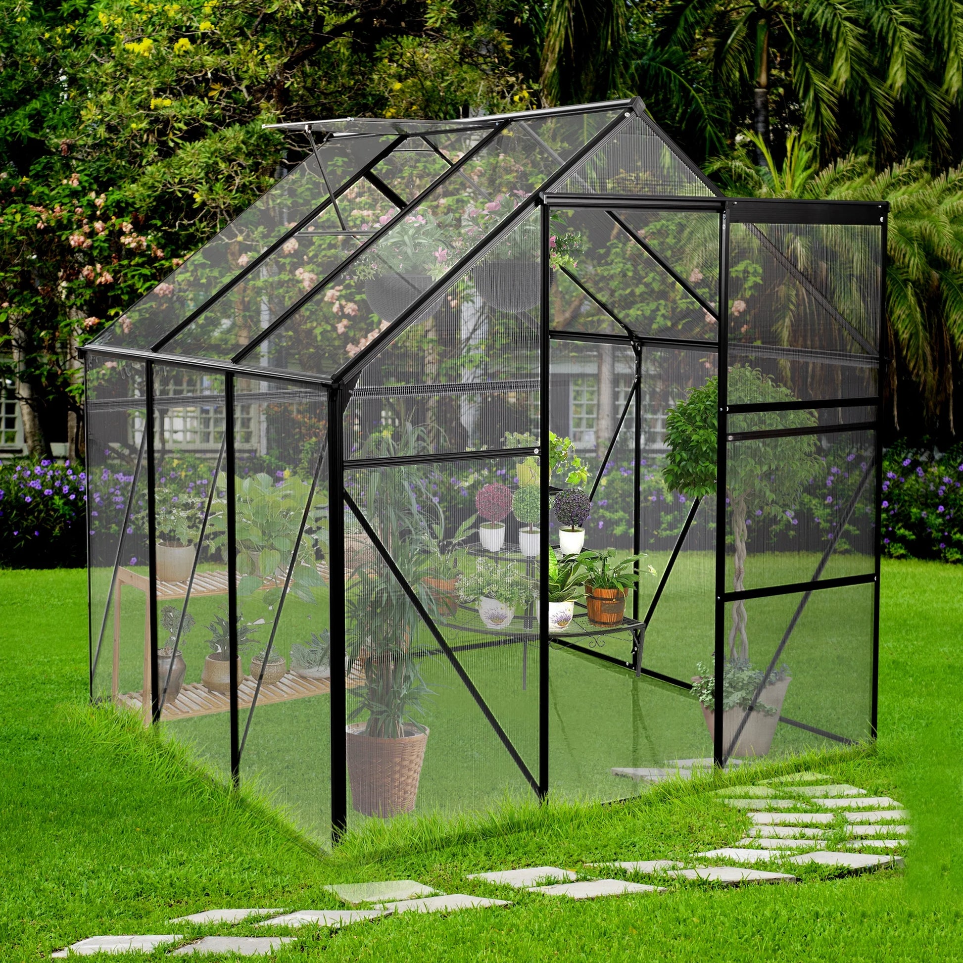 Walk in Greenhouse, Garden Greenhouse for Outdoors, Polycarbonate Plant Greenhouse with Slide Door, Anchor and Adjustable Roof Vent, 6X6Ft