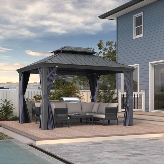 10' X 12' Hardtop Gazebo Aluminum Gazebo with Galvanized Steel Double Roof for Backyard Patio Lawn and Garden, Curtains and Netting Included, Navy Blue
