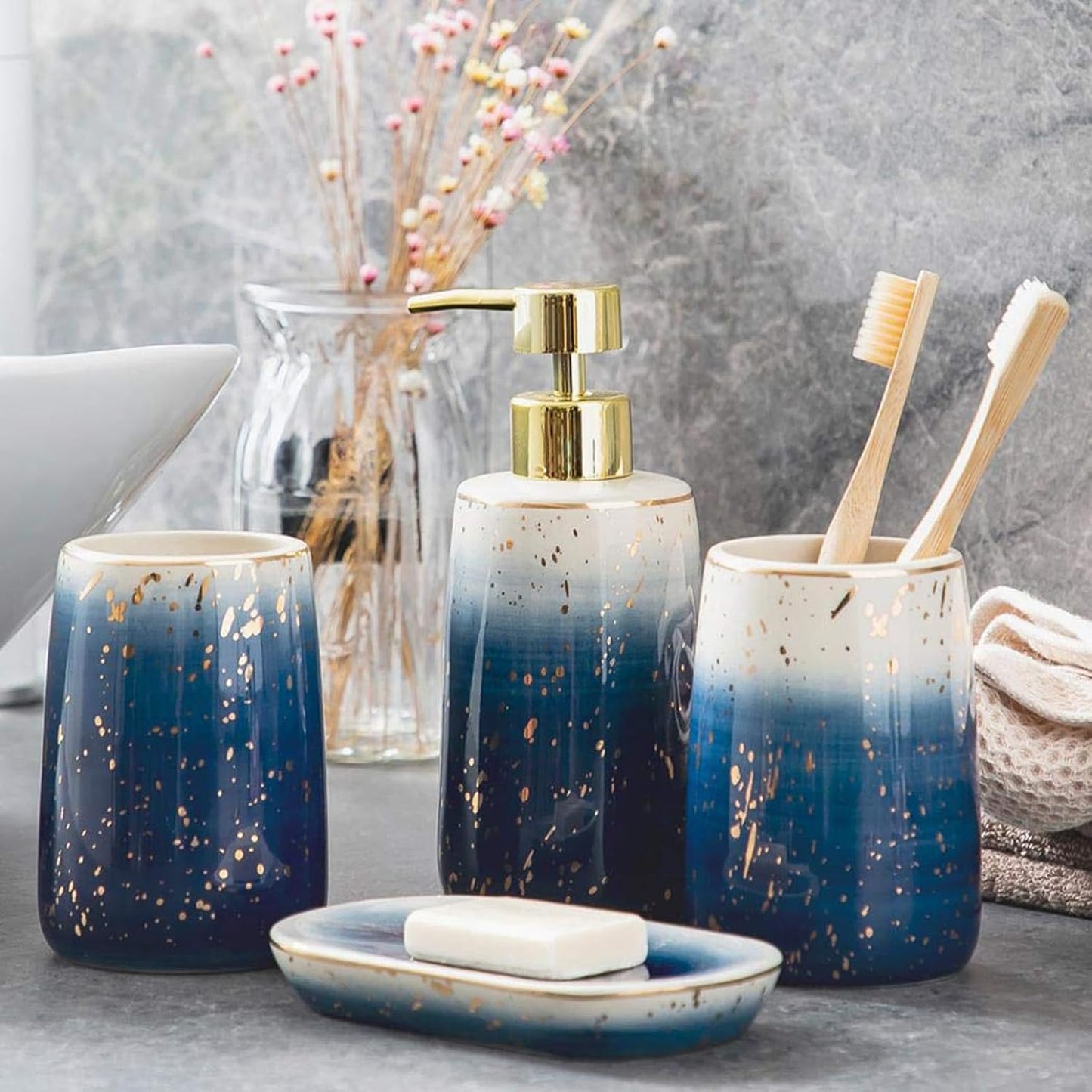 Bathroom Accessories Set,4 Pcs Marble Pattern Bathroom Sets Accessories with Soap Dispenser, Toothbrush Holder, Bathroom Tumbler, Soap Dish for Birthday Gift, Housewarming Gift, Home Decoration (H)