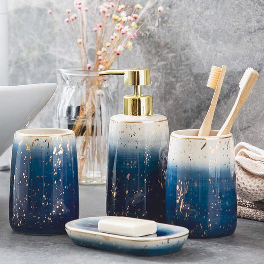 Bathroom Accessories Set,4 Pcs Marble Pattern Bathroom Sets Accessories with Soap Dispenser, Toothbrush Holder, Bathroom Tumbler, Soap Dish for Birthday Gift, Housewarming Gift, Home Decoration (H)