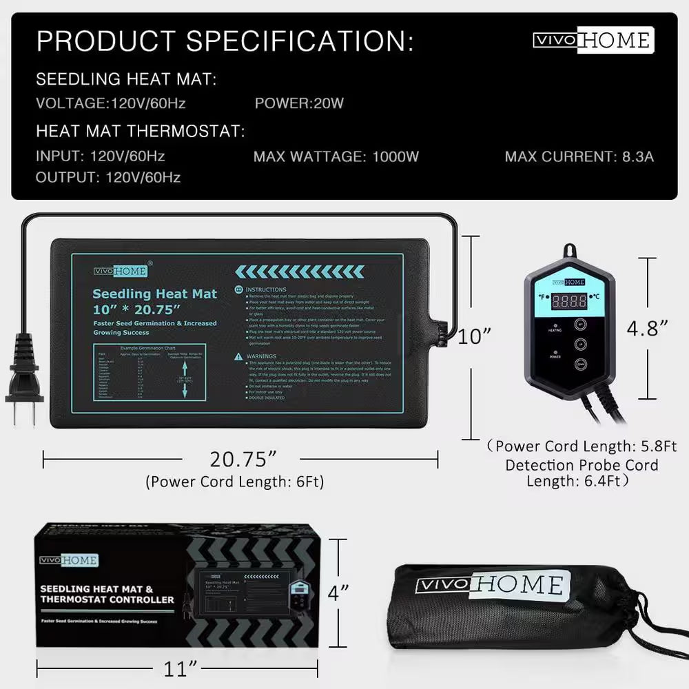 10 In. X 20.75 In. Waterproof Seedling Heat Mat with 40°F to 108°F Thermostat Controller