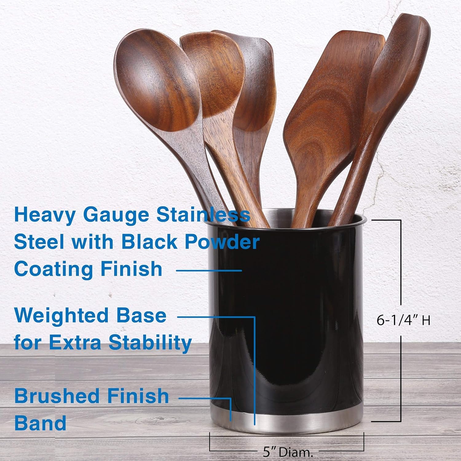 Stainless Steel Utensil Holder– 6.3" Large Cooking Tool Organizer for Kitchen Decor and Countertop Storage, Stable Anti-Tip Design, Durable Powder-Coated Finish, Black