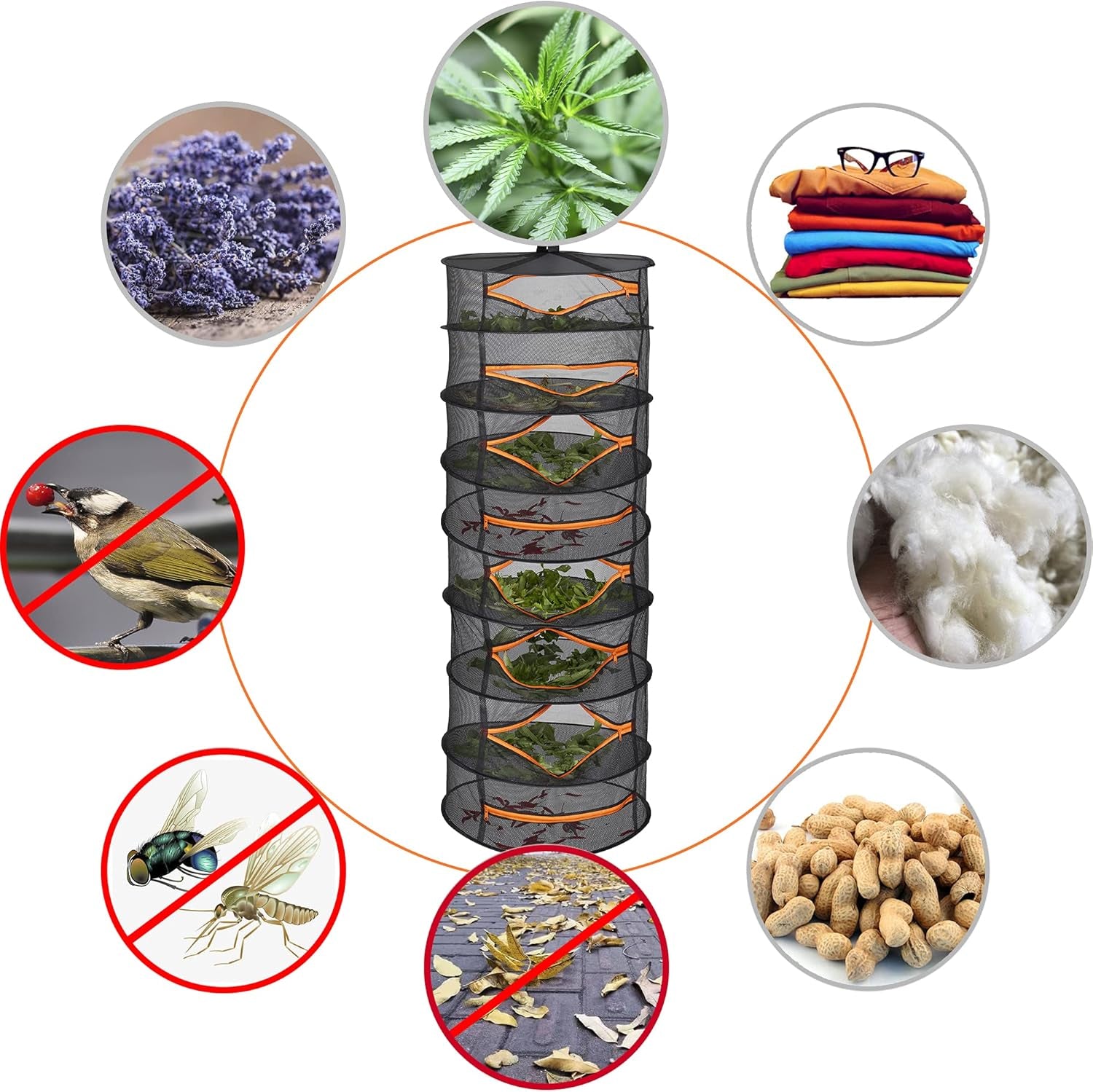 Herb Drying Rack-2Ft Diameter 8 Layer Folding Mesh Hanging Basket Dryer Net with Zippers for Seeds Flowers Buds Plants Garden Outdoor Bumper Harvest(D24Xh31 Inch)