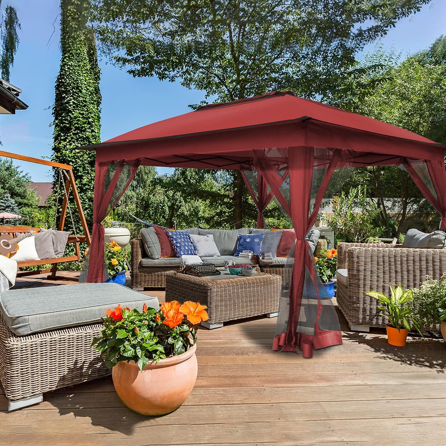 11'X11' Pop up Gazebo for Patios Gazebo Canopy Tent with Sidewalls Outdoor Gazebo with Mosquito Netting Pop up Canopy Shelter Wedding Tent (Red)
