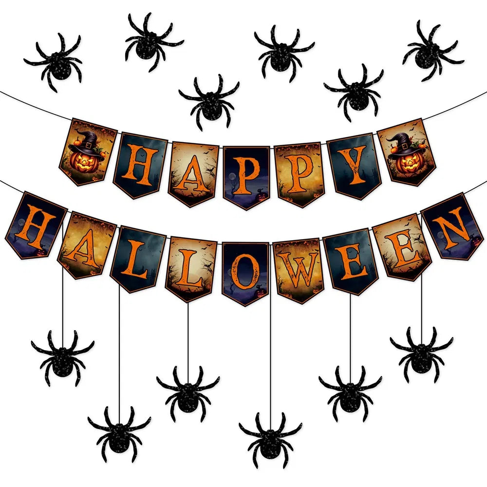 Happy Halloween Banner and Hanging Spider Garland Trick or Treat Banner Sign Happy Halloween Paper Banner for Halloween Party Decorations