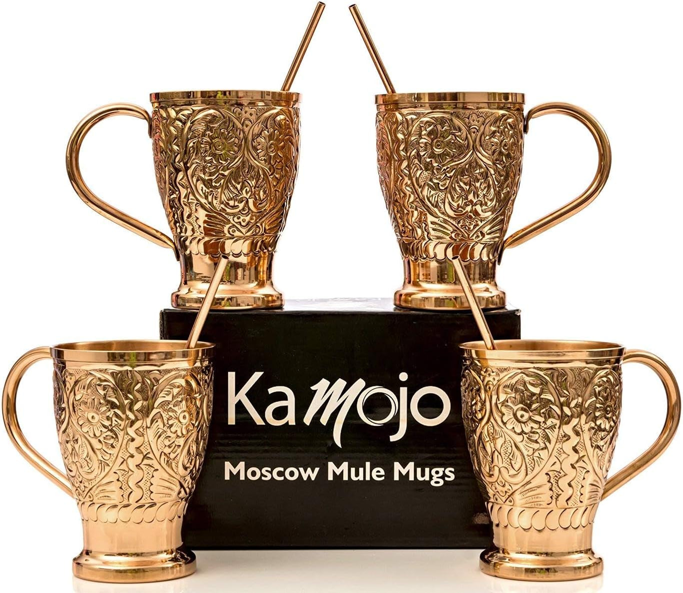 Moscow Mule Pure Copper Mugs - Embossed Set with 4 Matching Shot Glasses - Copper Straws for Cocktails & Recipe E-Book Exclusive Set of 4