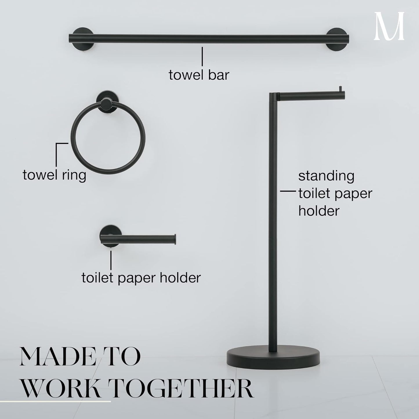 - 4 Piece Matte Black Bathroom Hardware Set - Towel Rack Set, Towel Holder & Wall Mounted Fixtures - Stainless Steel Matte Black Accessories