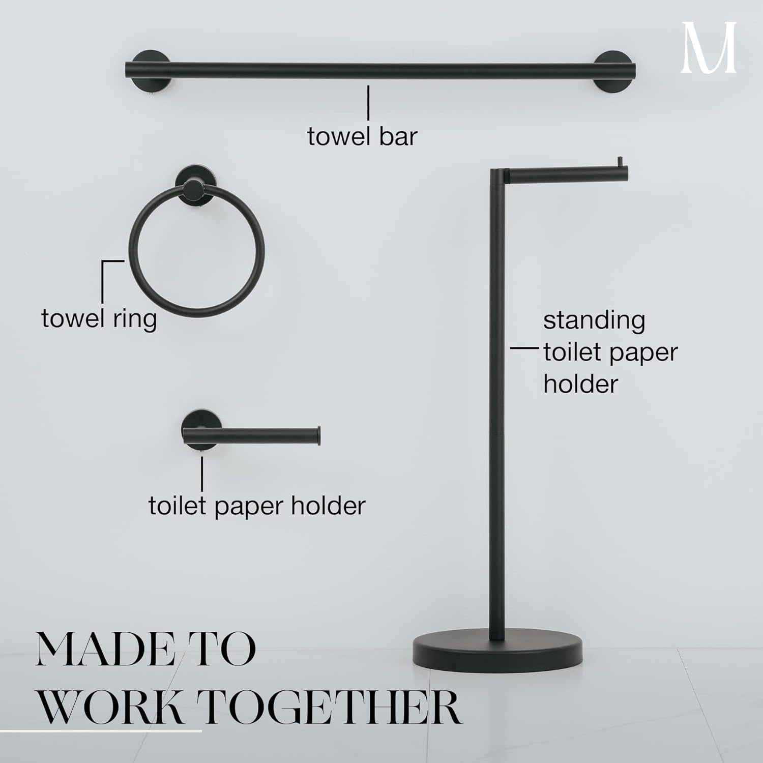 - 4 Piece Matte Black Bathroom Hardware Set - Towel Rack Set, Towel Holder & Wall Mounted Fixtures - Stainless Steel Matte Black Accessories