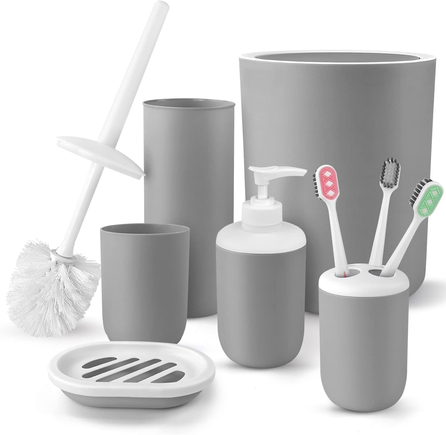7 Pcs Bathroom Accessories Sets, Plastic Gift Set Includes Toothbrush Cup, Toothbrush Holder, Soap Dispenser, Soap Dish, Toilet Brush with Holder, Trash Can, with 3 Pcs Toothbrushes (Grey)