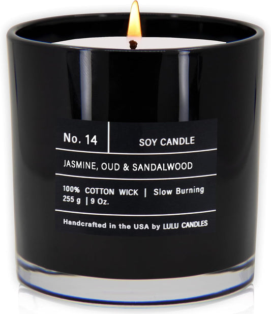 | Jasmine, Oud & Sandalwood | Luxury Scented Soy Jar Candle | Hand Poured in the USA | Highly Scented & Long Lasting (9 Oz.)