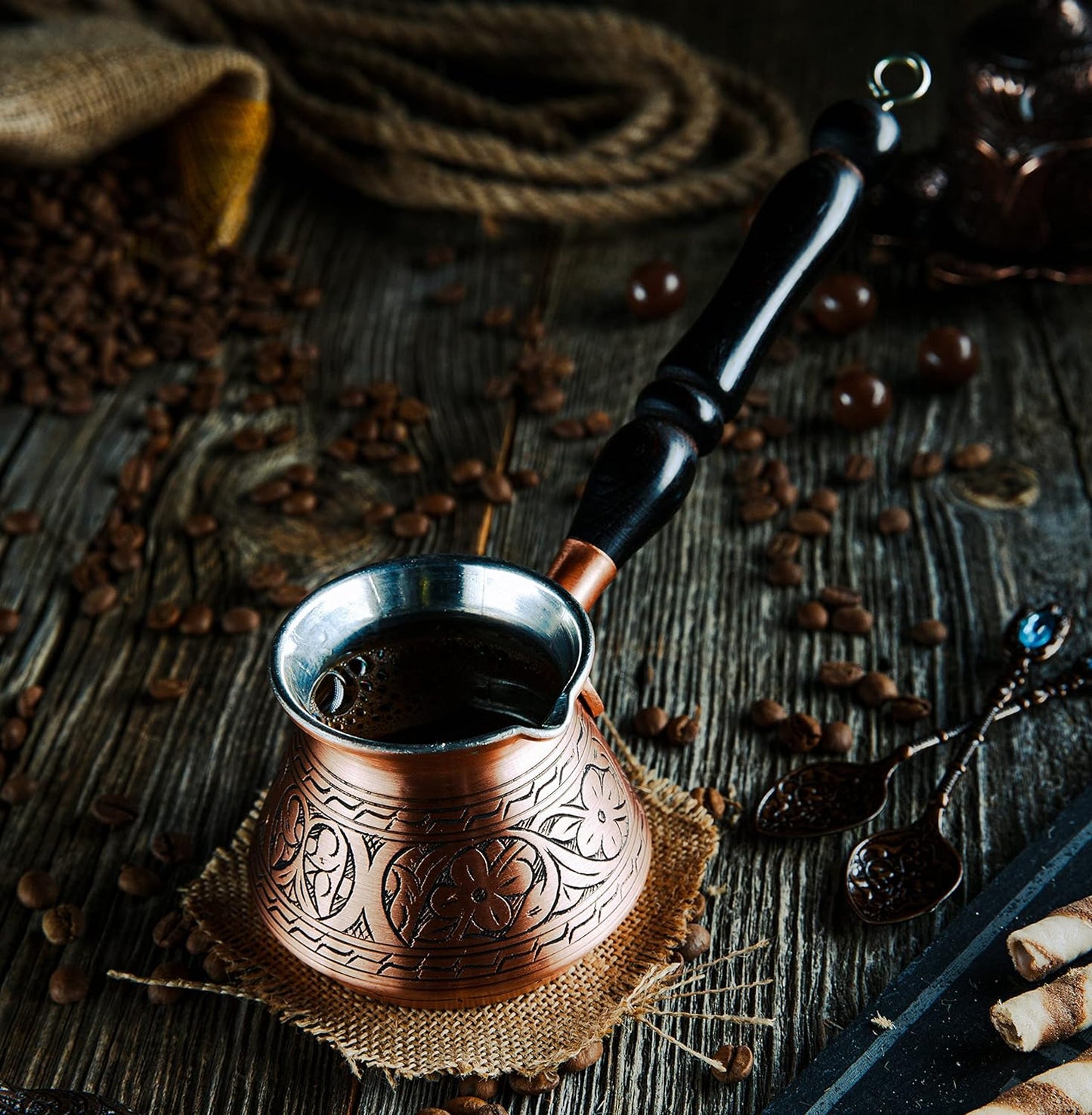 2Mm Thickest Copper Turkish Greek Arabic Coffee Pot Engraved Stovetop Coffee Maker Cezve Ibrik Briki with Wooden Handle & Spoon, for 3 People (Matte Copper)