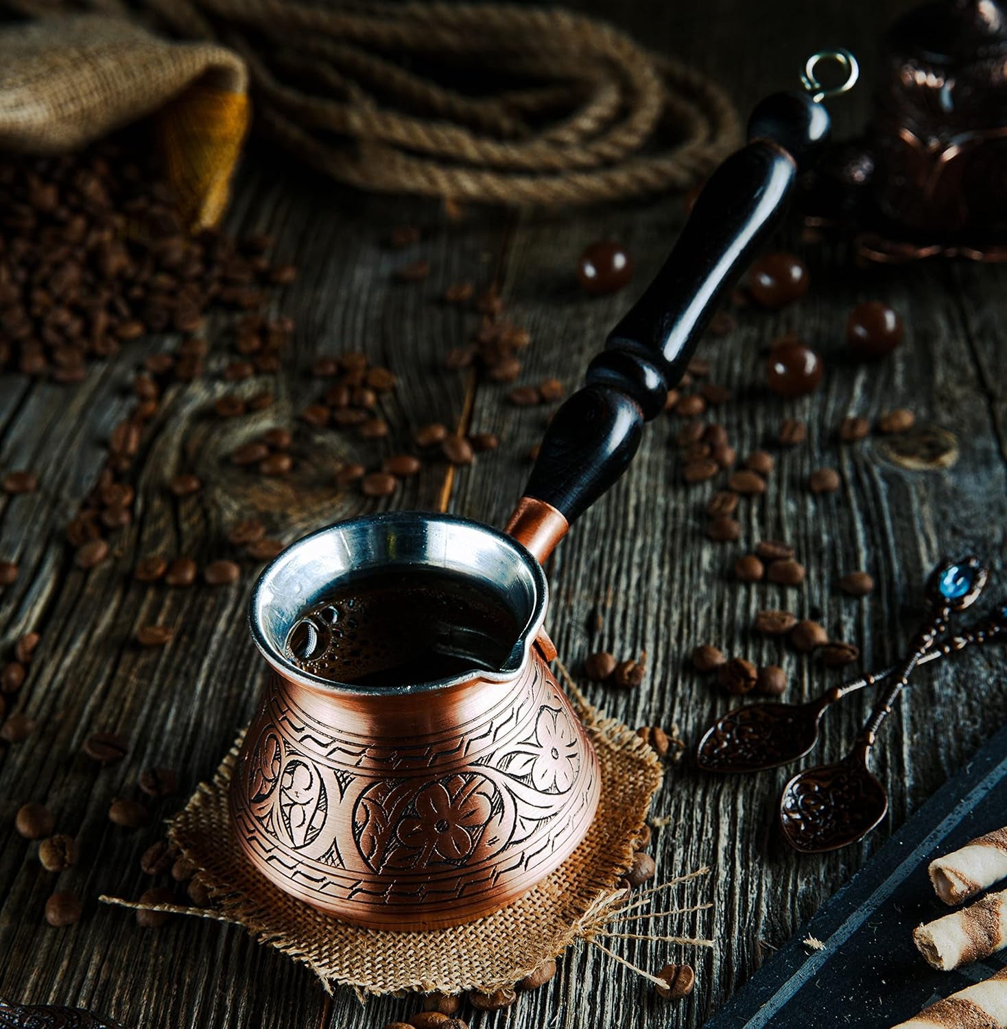 2Mm Thickest Copper Turkish Greek Arabic Coffee Pot Engraved Stovetop Coffee Maker Cezve Ibrik Briki with Wooden Handle & Spoon, for 3 People (Matte Copper)
