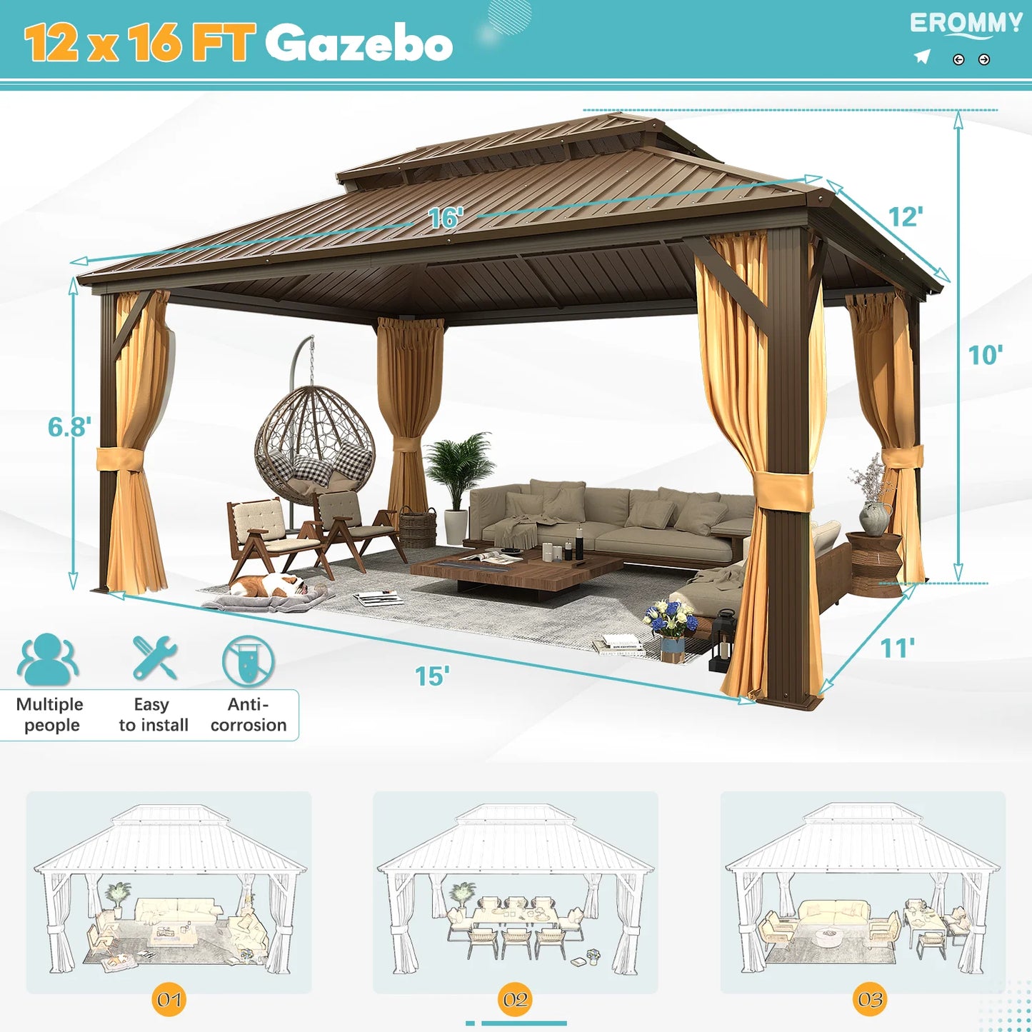 12'X16' Hardtop Gazebo with Galvanized Steel Double Roof & Aluminum Frame, Outdoor Gazebo