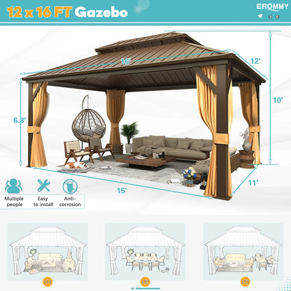12'X16' Hardtop Gazebo with Galvanized Steel Double Roof & Aluminum Frame, Outdoor Gazebo