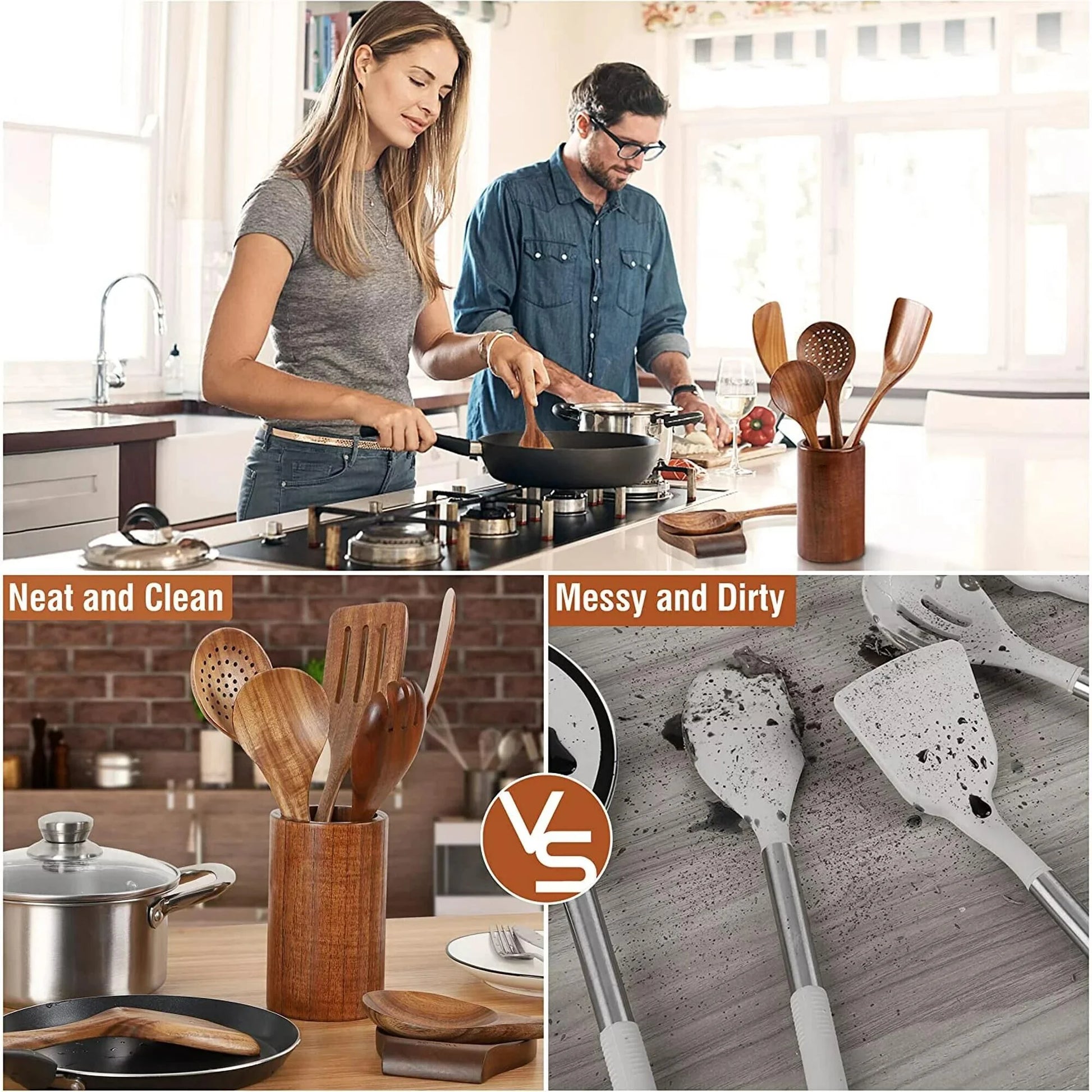 Wooden Spoons for Cooking with Wide Utensil Heads, 9 PCS Teak Wooden Utensils Set for Cooking, Spatula,Turner, Wood Spoon Set for Kitchen Essentials, Non-Stick Cookware, Heat Resistant