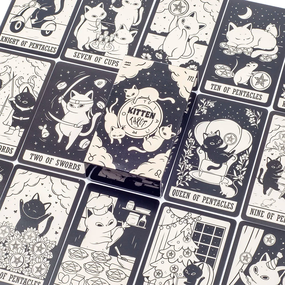 Kitten Tarot Deck 78Pcs Cute Black and White for Beginners Version Mysterious Board Game Fun Fortune Telling Kit
